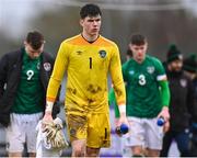 22 March 2023; Republic of Ireland goalkeeper Reece Byrne after his side's defeat in the UEFA European Under-19 Championship Elite Round match between Republic of Ireland and Slovakia at Ferrycarrig Park in Wexford. Photo by Piaras Ó Mídheach/Sportsfile