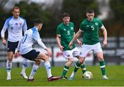 22 March 2023; Sean Grehan of Republic of Ireland, supported by teammate James McManus, 8, in action against Adam Griger, 9, and Mário Sauer of Slovakia during the UEFA European Under-19 Championship Elite Round match between Republic of Ireland and Slovakia at Ferrycarrig Park in Wexford. Photo by Piaras Ó Mídheach/Sportsfile