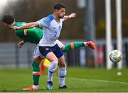 22 March 2023; Šimon Micuda of Slovakia in action against Kevin Zefi of Republic of Ireland during the UEFA European Under-19 Championship Elite Round match between Republic of Ireland and Slovakia at Ferrycarrig Park in Wexford. Photo by Piaras Ó Mídheach/Sportsfile
