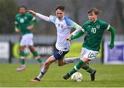 22 March 2023; Harry Vaughan of Republic of Ireland in action against Mário Sauer of Slovakia during the UEFA European Under-19 Championship Elite Round match between Republic of Ireland and Slovakia at Ferrycarrig Park in Wexford. Photo by Piaras Ó Mídheach/Sportsfile