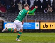 22 March 2023; Thomas Lonergan of Republic of Ireland celebrates after scoring his side's first goal during the UEFA European Under-19 Championship Elite Round match between Republic of Ireland and Slovakia at Ferrycarrig Park in Wexford. Photo by Piaras Ó Mídheach/Sportsfile