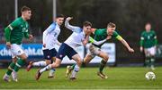 22 March 2023; Edward McJannet of Republic of Ireland in action against Mário Sauer of Slovakia during the UEFA European Under-19 Championship Elite Round match between Republic of Ireland and Slovakia at Ferrycarrig Park in Wexford. Photo by Piaras Ó Mídheach/Sportsfile