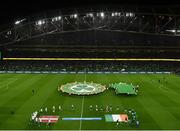 22 March 2023; Latvia and Republic of Ireland players line up before the international friendly match between Republic of Ireland and Latvia at Aviva Stadium in Dublin. Photo by Eóin Noonan/Sportsfile