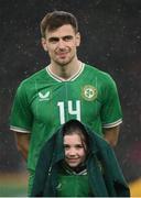 22 March 2023; A young mascot wears Jayson Molumby of Republic of Ireland's walkout jacket before the international friendly match between Republic of Ireland and Latvia at Aviva Stadium in Dublin. Photo by Stephen McCarthy/Sportsfile