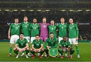 22 March 2023; The Republic of Ireland team, back row from left, Evan Ferguson, Nathan Collins, Andrew Omobamidele, Caoimhin Kelleher, Alan Browne, Dara O'Shea and Will Smallbone. Front row, from left to right, Callum O'Dowda, Jayson Molumby, Matt Doherty and Michael Obafemi before the international friendly match between Republic of Ireland and Latvia at Aviva Stadium in Dublin. Photo by Stephen McCarthy/Sportsfile