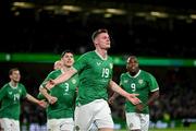22 March 2023; Evan Ferguson of Republic of Ireland celebrates after scoring his side's second goal during the international friendly match between Republic of Ireland and Latvia at Aviva Stadium in Dublin. Photo by Stephen McCarthy/Sportsfile