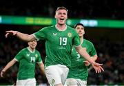 22 March 2023; Evan Ferguson of Republic of Ireland celebrates after scoring his side's second goal during the international friendly match between Republic of Ireland and Latvia at Aviva Stadium in Dublin. Photo by Stephen McCarthy/Sportsfile