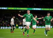 22 March 2023; Evan Ferguson of Republic of Ireland celebrates after scoring his side's second goal during the international friendly match between Republic of Ireland and Latvia at Aviva Stadium in Dublin. Photo by Stephen McCarthy/Sportsfile