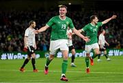 22 March 2023; Evan Ferguson of Republic of Ireland celebrates after scoring his side's second goal during the international friendly match between Republic of Ireland and Latvia at Aviva Stadium in Dublin. Photo by Stephen McCarthy/Sportsfile