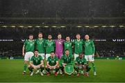 22 March 2023; The Republic of Ireland team, back row, from left, Evan Ferguson, Nathan Collins, Andrew Omobamidele, Caoimhin Kelleher, Alan Browne, Dara O'Shea and Will Smallbone, front row, from left, Callum O’Dowda, Jayson Molumby, Matt Doherty, and Michael Obafemi during the international friendly match between Republic of Ireland and Latvia at Aviva Stadium in Dublin. Photo by Stephen McCarthy/Sportsfile