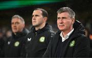 22 March 2023; Republic of Ireland manager Stephen Kenny, Republic of Ireland coach John O'Shea and Republic of Ireland goalkeeping coach Dean Kiely before the international friendly match between Republic of Ireland and Latvia at Aviva Stadium in Dublin. Photo by Stephen McCarthy/Sportsfile