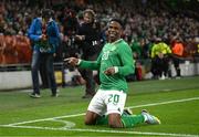 22 March 2023; Chiedozie Ogbene of Republic of Ireland celebrates after scoring his side's third goal during the international friendly match between Republic of Ireland and Latvia at Aviva Stadium in Dublin. Photo by Stephen McCarthy/Sportsfile