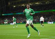 22 March 2023; Chiedozie Ogbene of Republic of Ireland celebrates after scoring his side's third goal during the international friendly match between Republic of Ireland and Latvia at Aviva Stadium in Dublin. Photo by Stephen McCarthy/Sportsfile