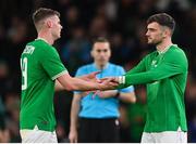 22 March 2023; Evan Ferguson of Republic of Ireland is replaced by Troy Parrott of Republic of Ireland during the international friendly match between Republic of Ireland and Latvia at Aviva Stadium in Dublin. Photo by Brendan Moran/Sportsfile
