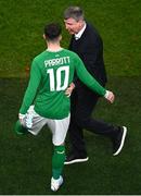 22 March 2023; Republic of Ireland manager Stephen Kenny speaks with Troy Parrott of Republic of Ireland during the international friendly match between Republic of Ireland and Latvia at Aviva Stadium in Dublin. Photo by Eóin Noonan/Sportsfile