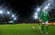 22 March 2023; (EDITOR'S NOTE; This image was created using a special effects camera filter) Will Smallbone of Republic of Ireland prepares to take a corner during the international friendly match between Republic of Ireland and Latvia at Aviva Stadium in Dublin. Photo by Seb Daly/Sportsfile