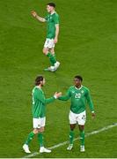22 March 2023; Jeff Hendrick and Chiedozie Ogbene of Republic of Ireland after their side's victory in the international friendly match between Republic of Ireland and Latvia at Aviva Stadium in Dublin. Photo by Eóin Noonan/Sportsfile