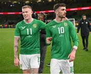 22 March 2023; James McClean and Troy Parrott of Republic of Ireland after their side's victory in the international friendly match between Republic of Ireland and Latvia at Aviva Stadium in Dublin. Photo by Stephen McCarthy/Sportsfile