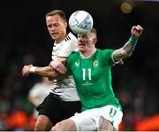 22 March 2023; James McClean of Republic of Ireland in action against Alvis Jaunzems of Latvia during the international friendly match between Republic of Ireland and Latvia at Aviva Stadium in Dublin. Photo by Michael P Ryan/Sportsfile