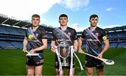 23 March 2023; In attendance during the ONEILLS.COM Under-20 All Ireland Hurling Championship Launch 2023 are, from left, Galway U20 Captain Adam Nolan, Kilkenny U20 hurler Paddy Langton and Limerick hurler Barry Nash at Croke Park in Dublin. Photo by Sam Barnes/Sportsfile