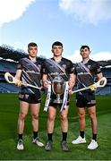 23 March 2023; In attendance during the ONEILLS.COM Under-20 All Ireland Hurling Championship Launch 2023 are, from left, Galway U20 Captain Adam Nolan, Kilkenny U20 hurler Paddy Langton and Limerick hurler Barry Nash at Croke Park in Dublin. Photo by Sam Barnes/Sportsfile