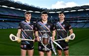 23 March 2023; In attendance during the ONEILLS.COM Under-20 All Ireland Hurling Championship Launch 2023 are, from left, Galway U20 Captain Adam Nolan, Kilkenny U20 hurler Paddy Langton and Limerick hurler Barry Nash at Croke Park in Dublin. Photo by Sam Barnes/Sportsfile