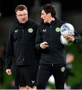 22 March 2023; Republic of Ireland coach Keith Andrews, right and STATSports analyst Andrew Morrissey before the international friendly match between Republic of Ireland and Latvia at Aviva Stadium in Dublin. Photo by Brendan Moran/Sportsfile
