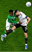 22 March 2023; Chiedozie Ogbene of Republic of Ireland in action against Antonis Cernomordis of Latvia during the international friendly match between Republic of Ireland and Latvia at Aviva Stadium in Dublin. Photo by Eóin Noonan/Sportsfile