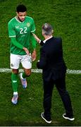 22 March 2023; Andrew Omobamidele of Republic of Ireland with Republic of Ireland manager Stephen Kenny during the international friendly match between Republic of Ireland and Latvia at Aviva Stadium in Dublin. Photo by Eóin Noonan/Sportsfile