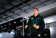 22 March 2023; Jason Knight of Republic of Ireland arrives for the international friendly match between Republic of Ireland and Latvia at Aviva Stadium in Dublin. Photo by Stephen McCarthy/Sportsfile