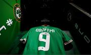 22 March 2023; The jersey of Michael Obafemi hangs in the Republic of Ireland dressing room before the international friendly match between Republic of Ireland and Latvia at Aviva Stadium in Dublin. Photo by Stephen McCarthy/Sportsfile