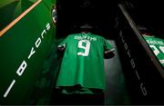 22 March 2023; The jersey of Michael Obafemi hangs in the Republic of Ireland dressing room before the international friendly match between Republic of Ireland and Latvia at Aviva Stadium in Dublin. Photo by Stephen McCarthy/Sportsfile