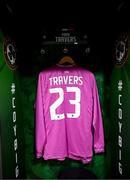 22 March 2023; The jersey of Mark Travers hangs in the Republic of Ireland dressing room before the international friendly match between Republic of Ireland and Latvia at Aviva Stadium in Dublin. Photo by Stephen McCarthy/Sportsfile
