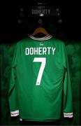 22 March 2023; The jersey of Matt Doherty hangs in the Republic of Ireland dressing room before the international friendly match between Republic of Ireland and Latvia at Aviva Stadium in Dublin. Photo by Stephen McCarthy/Sportsfile