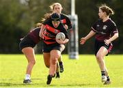 22 March 2023; Hannah Kennedy of St Mary's Edenderry, Co Offaly in action against Mercy Secondary School, Kilbeggan, Co Westmeath during a senior group match between Mercy Secondary School, Kilbeggan, Co Westmeath v St Mary's Edenderry, Co Offaly at the Leinster Rugby Girls x7s Finals Day at Cill Dara RFC in Kildare. Photo by Matt Browne/Sportsfile