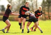 22 March 2023; Amy Lynch of St Mary's Edenderry, Co Offaly in action against Mercy Secondary School, Kilbeggan, Co Westmeath during a senior group match between Mercy Secondary School, Kilbeggan, Co Westmeath v St Mary's Edenderry, Co Offaly at the Leinster Rugby Girls x7s Finals Day at Cill Dara RFC in Kildare. Photo by Matt Browne/Sportsfile