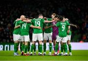 22 March 2023; Republic of Ireland players huddle before the international friendly match between Republic of Ireland and Latvia at Aviva Stadium in Dublin. Photo by Stephen McCarthy/Sportsfile