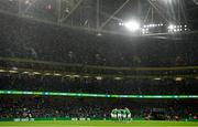 22 March 2023; Republic of Ireland players huddle before the international friendly match between Republic of Ireland and Latvia at Aviva Stadium in Dublin. Photo by Stephen McCarthy/Sportsfile