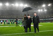 22 March 2023; President of Ireland Michael D Higgins and FAI President Gerry McAnaney, right, before the international friendly match between Republic of Ireland and Latvia at Aviva Stadium in Dublin. Photo by Stephen McCarthy/Sportsfile