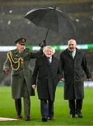22 March 2023; President of Ireland Michael D Higgins and FAI President Gerry McAnaney, right, before the international friendly match between Republic of Ireland and Latvia at Aviva Stadium in Dublin. Photo by Stephen McCarthy/Sportsfile