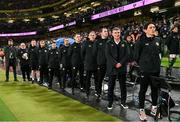 22 March 2023; Republic of Ireland manager Stephen Kenny, second from right, with backroom staff, from right, coach Keith Andrews, coach John O'Shea, goalkeeping coach Dean Kiely, head of athletic performance Damien Doyle, team doctor Sean Carmody, chartered physiotherapist Kevin Mulholland, chartered physiotherapist Danny Miller, STATSports analyst Andrew Morrissey and kitman Fergus McNally before the international friendly match between Republic of Ireland and Latvia at Aviva Stadium in Dublin. Photo by Stephen McCarthy/Sportsfile