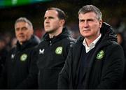 22 March 2023; Republic of Ireland manager Stephen Kenny, right, with coach John O'Shea and goalkeeping coach Dean Kiely, left, before the international friendly match between Republic of Ireland and Latvia at Aviva Stadium in Dublin. Photo by Stephen McCarthy/Sportsfile