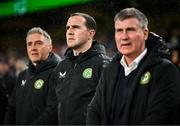 22 March 2023; Republic of Ireland coach John O'Shea, centre, with manager Stephen Kenny, right, and goalkeeping coach Dean Kiely, left, before the international friendly match between Republic of Ireland and Latvia at Aviva Stadium in Dublin. Photo by Stephen McCarthy/Sportsfile