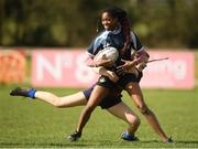 22 March 2023; Faith Omatayo of Ardgillan Community College, Balbriggan, during a senior match between Mercy Secondary School, Kilbeggan, Co Westmeath v Ardgillan Community College, Balbriggan, Co Dublin at the Leinster Rugby Girls x7s Finals Day at Cill Dara RFC in Kildare. Photo by Matt Browne/Sportsfile