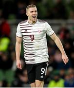 22 March 2023; Vladislavs Gutkovskis of Latvia reacts to a missed chance during the international friendly match between Republic of Ireland and Latvia at Aviva Stadium in Dublin. Photo by Michael P Ryan/Sportsfile