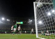 22 March 2023; Callum O’Dowda of Republic of Ireland, right, heads his side's first goal during the international friendly match between Republic of Ireland and Latvia at Aviva Stadium in Dublin. Photo by Stephen McCarthy/Sportsfile