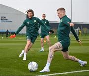 24 March 2023; Jeff Hendrick, left, and James McClean during a Republic of Ireland training session at the FAI National Training Centre in Abbotstown, Dublin. Photo by Stephen McCarthy/Sportsfile