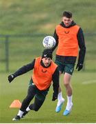 24 March 2023; Mikey Johnston and Troy Parrott, right, during a Republic of Ireland training session at the FAI National Training Centre in Abbotstown, Dublin. Photo by Stephen McCarthy/Sportsfile
