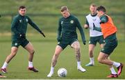 24 March 2023; James McClean, centre, and John Egan during a Republic of Ireland training session at the FAI National Training Centre in Abbotstown, Dublin. Photo by Stephen McCarthy/Sportsfile