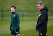 24 March 2023; Josh Cullen, watched by Manager Stephen Kenny during a Republic of Ireland training session at the FAI National Training Centre in Abbotstown, Dublin. Photo by Stephen McCarthy/Sportsfile